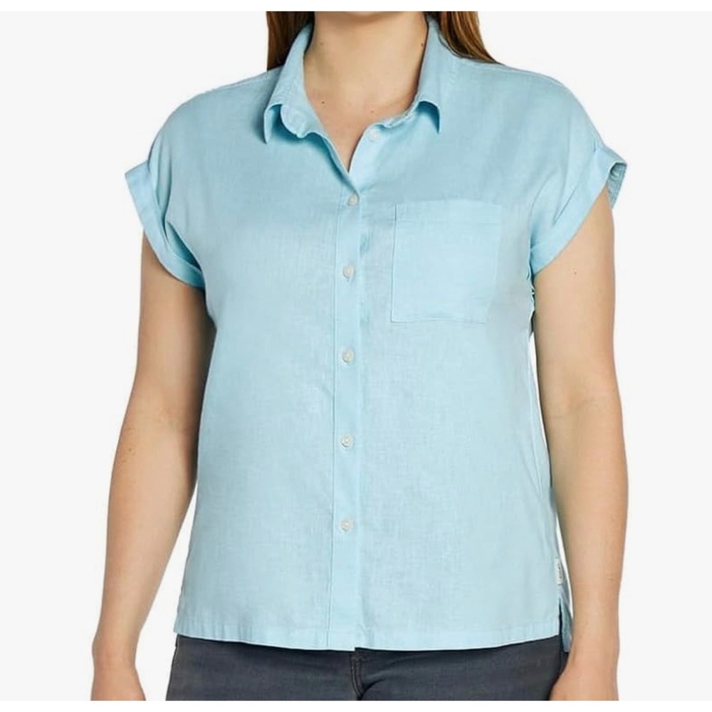 Orvis Womens  Linen Blend Light Blue Short Sleeve Button Down Shirt Size Large